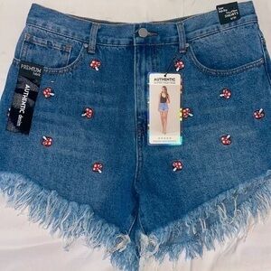 Simple Society Mushroom Patch Embroidered Boho Super High Waist Fray Jean Shorts